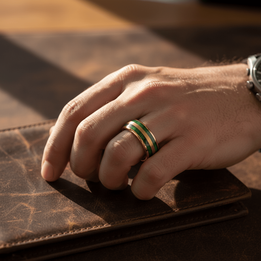 GARRISON — Lifestyle photo on hand — men's tungsten wedding ring.