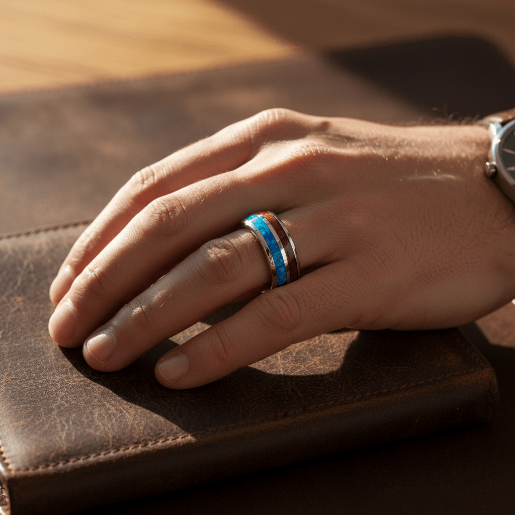 GENIE — Lifestyle photo on hand — men's tungsten wedding ring.