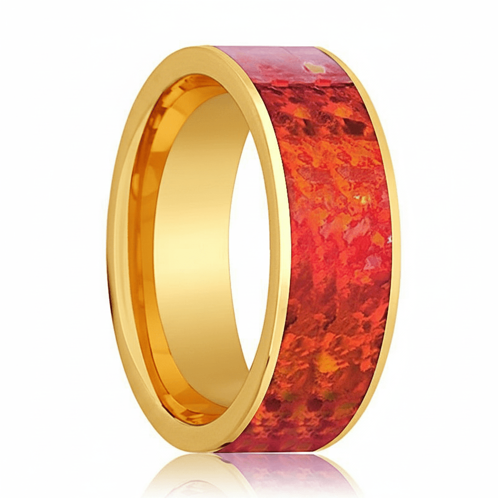 Red Opal inlay 14k yellow gold wedding band 8mm, side profile