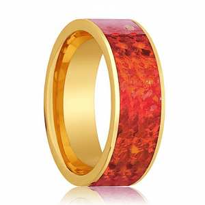 Red Opal inlay 14k yellow gold wedding band 8mm, side profile