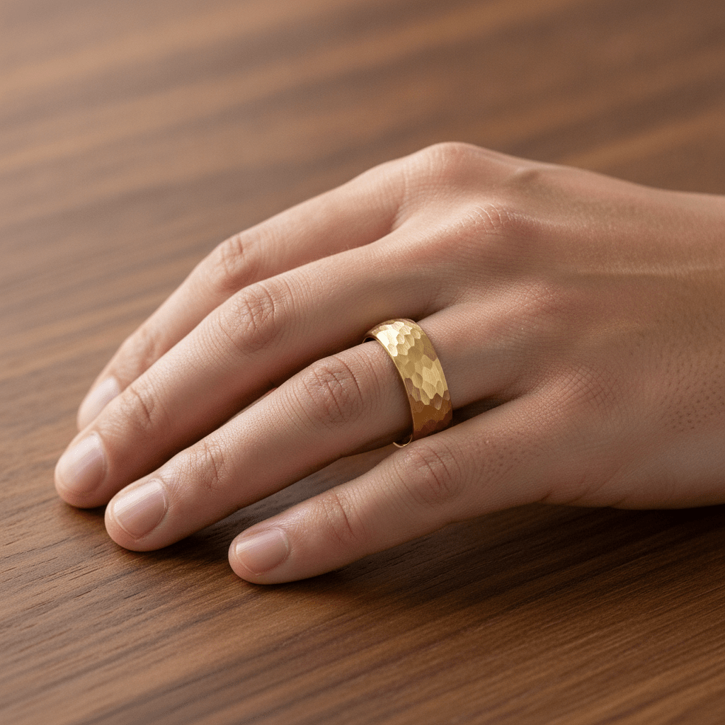 GILDUR gold-plated tungsten wedding band with domed hammered finish worn on man's hand resting on walnut table, lifestyle photo