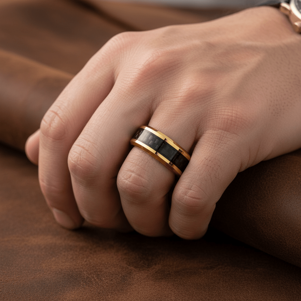 GILDWING — Lifestyle photo on hand — men's tungsten wedding ring.