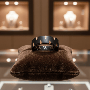 GILTBLADE — Premium boutique display on velvet — men's tungsten wedding ring.