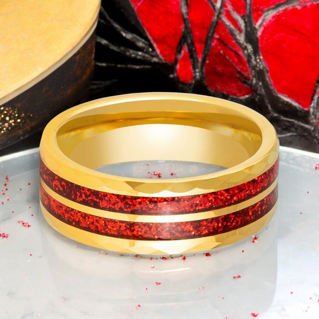 Gleamfire Gold Tungsten Wedding Band - Close-up Showing Glitter Inlay