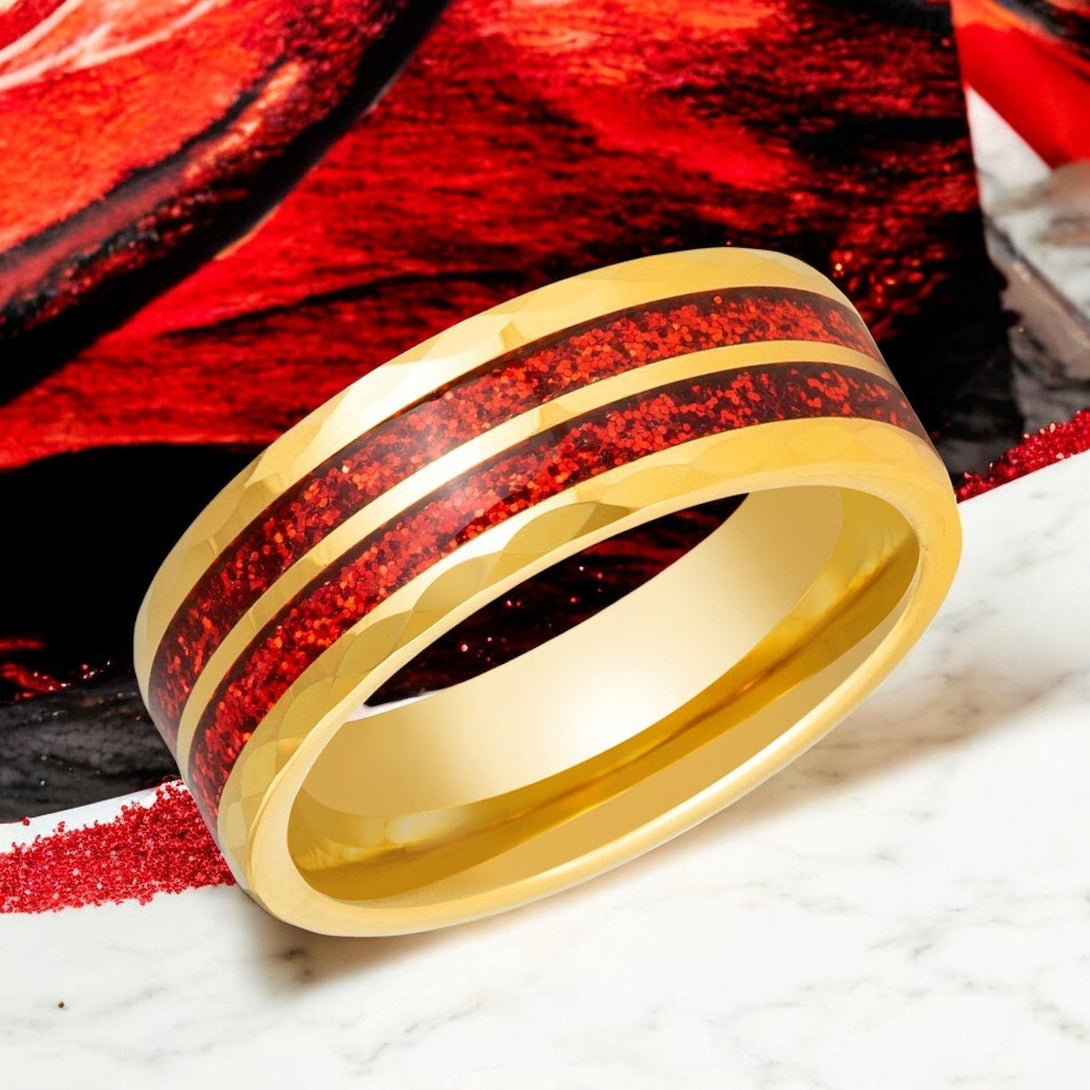 Gleamfire Gold Tungsten Ring - Side View Showing Faceted Edge