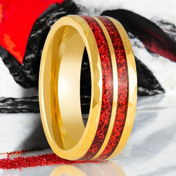 Gleamfire Gold Tungsten Ring with Red Glitter Inlay - Front View