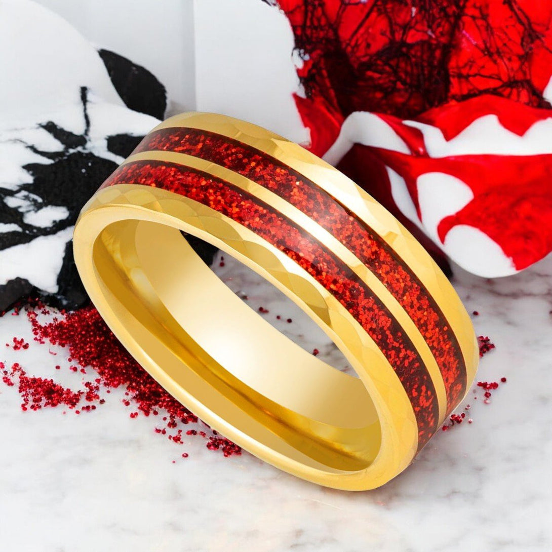 Gleamfire Red Glitter Inlay Ring - Angled View for Detail