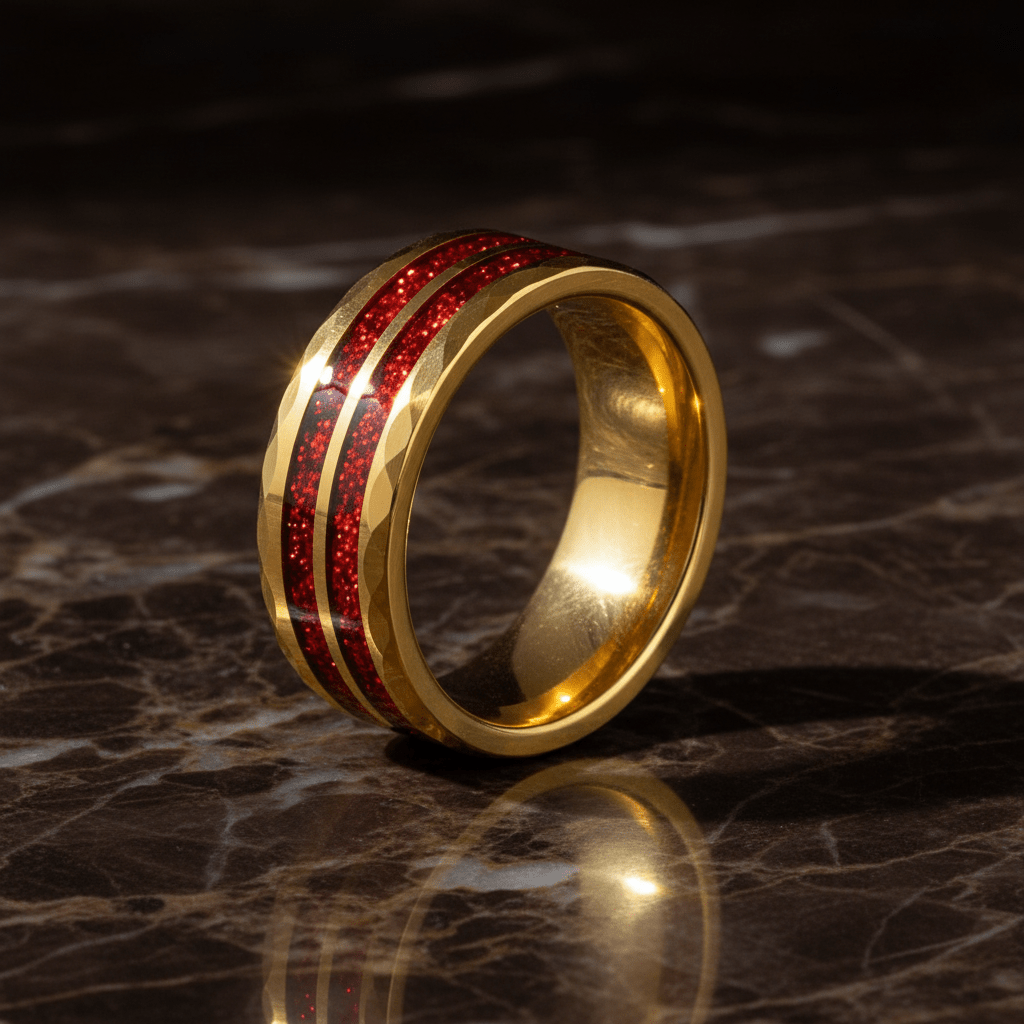 GLEAMFIRE — Luxury 3/4 angle on dark marble — men's tungsten wedding ring.