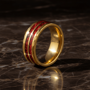 GLEAMFIRE — Luxury 3/4 angle on dark marble — men's tungsten wedding ring.