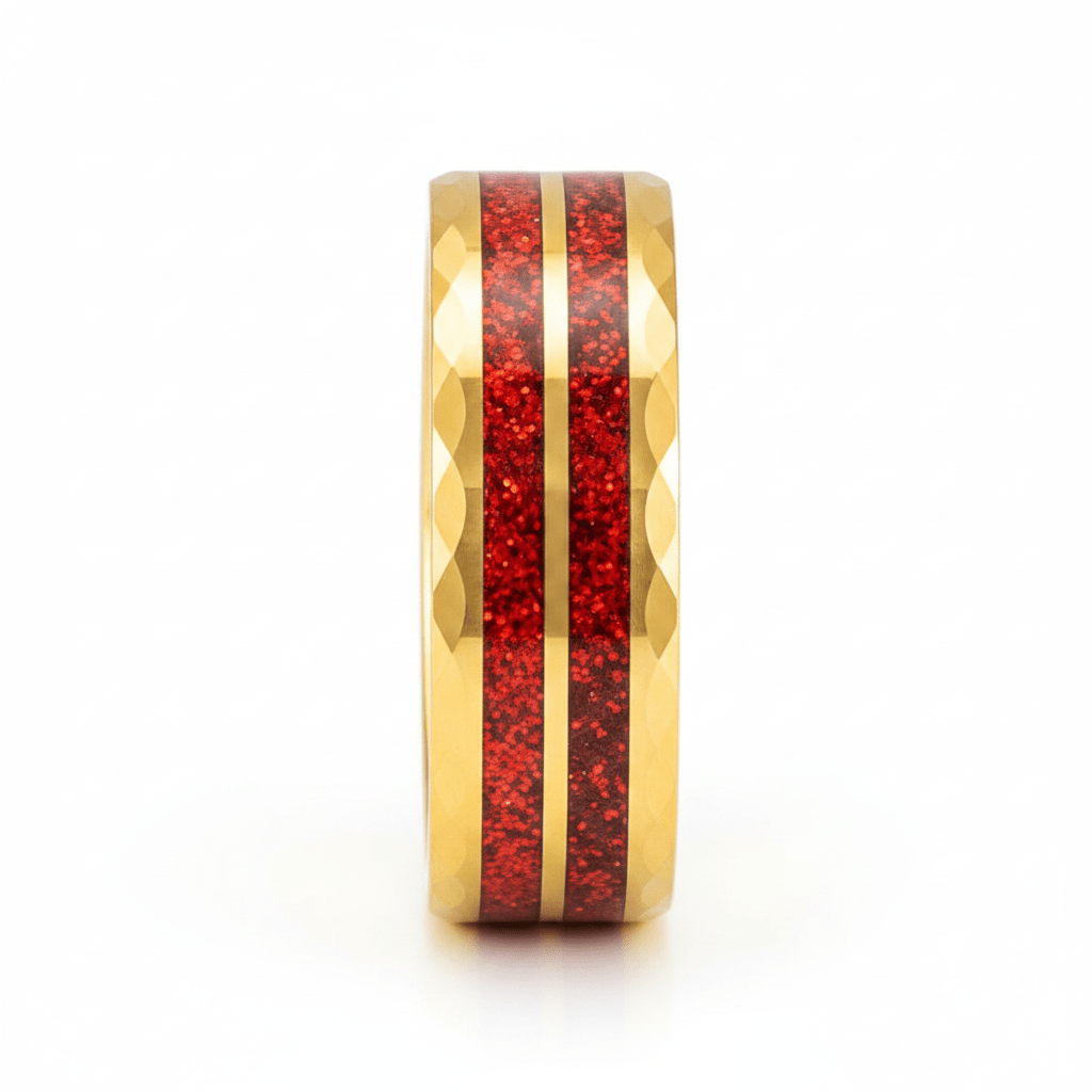 GLEAMFIRE — Front-facing straight-on view — men's tungsten wedding ring.