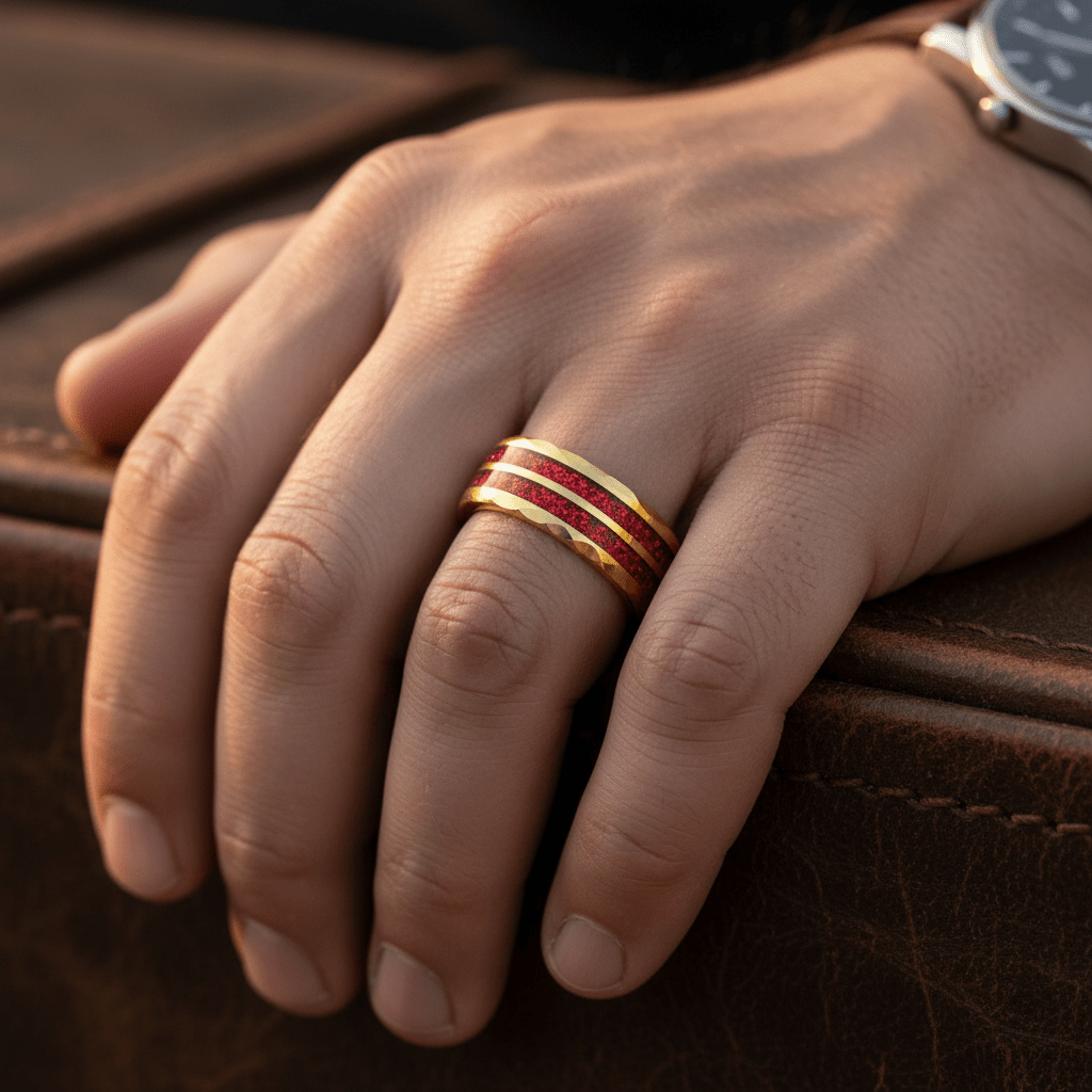 GLEAMFIRE — Lifestyle photo on hand — men's tungsten wedding ring.