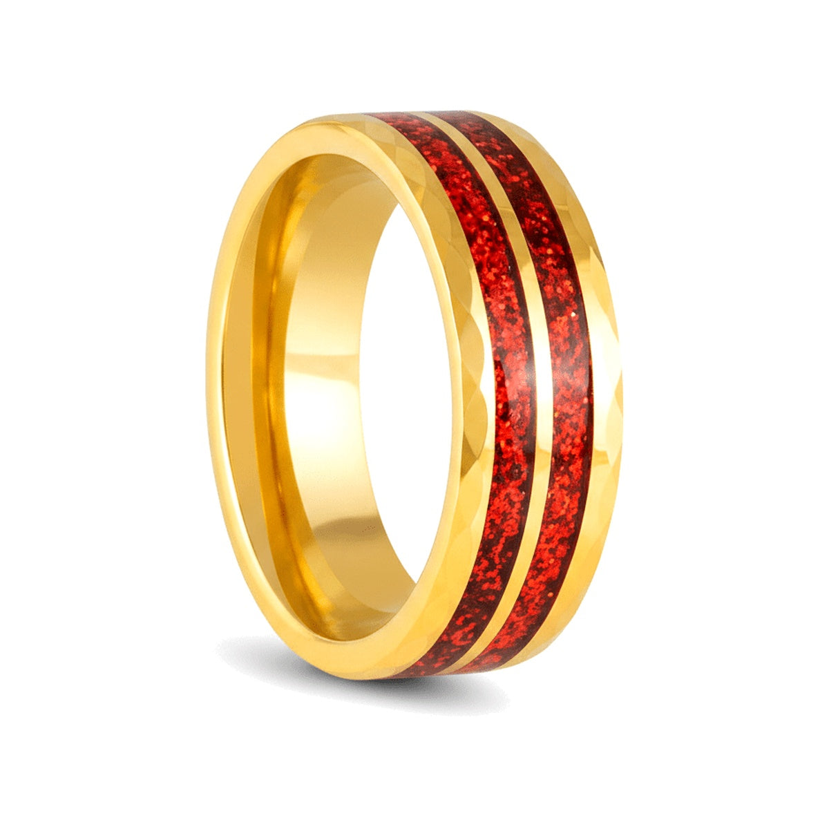 GLEAMFIRE yellow gold tungsten wedding ring with red glitter inlay and faceted finish - front view