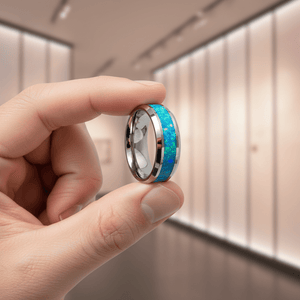 GLEAMING — Held between fingers close-up — men's tungsten wedding ring.