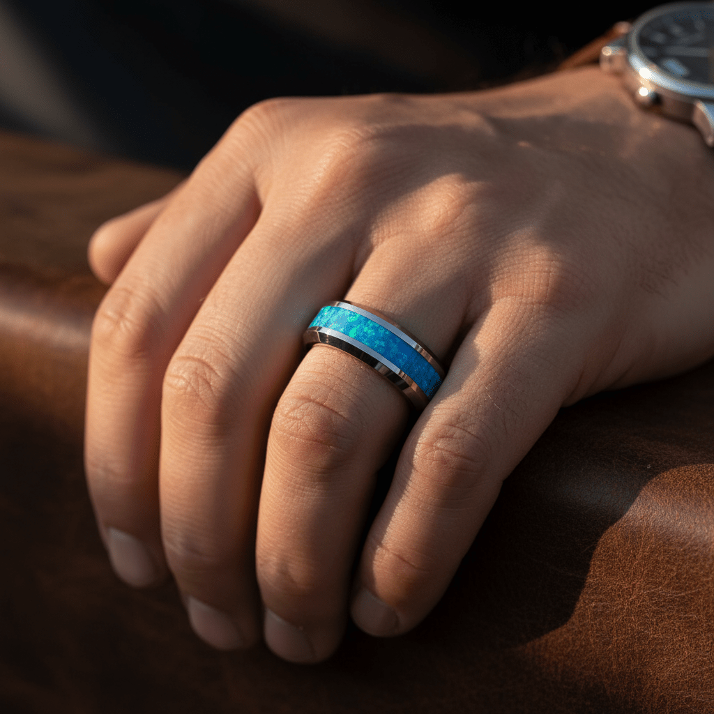GLEAMING — Lifestyle photo on hand — men's tungsten wedding ring.