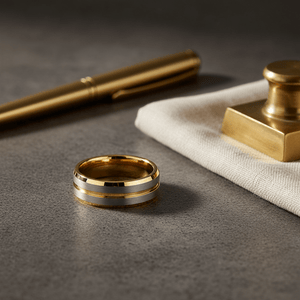GLEAMLINE — Editorial masculine still life — men's tungsten wedding ring.