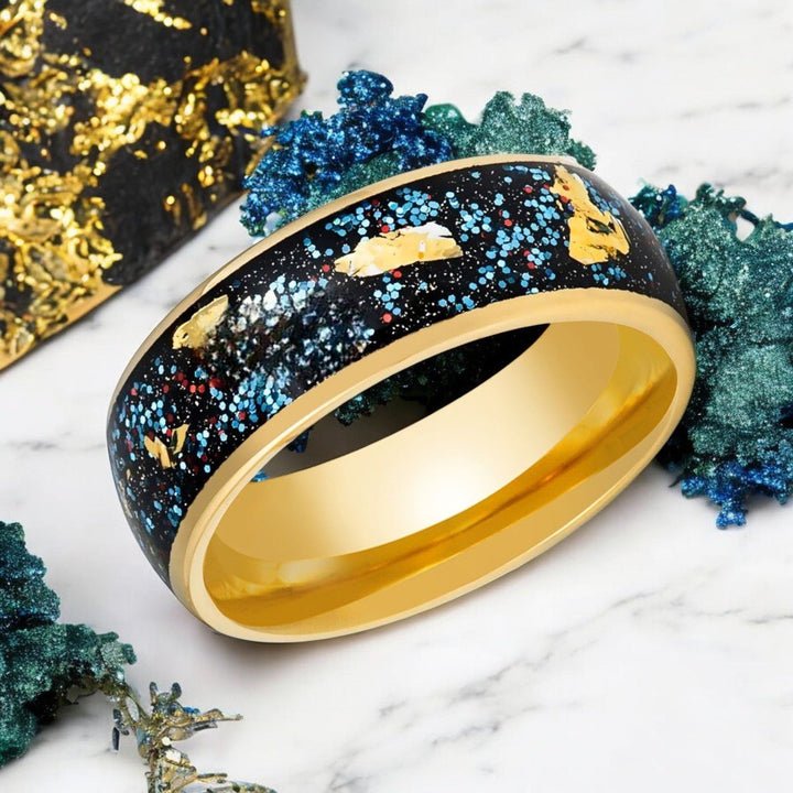 GLITSEA Gold Tungsten Ring - Side Angle Showcasing Glitter and Foil Inlay