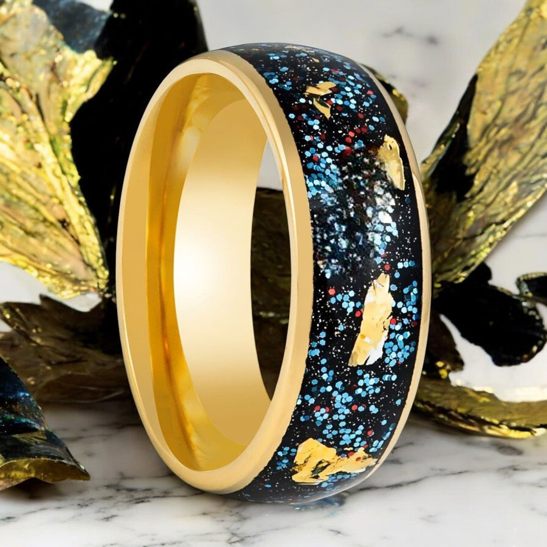 GLITSEA Gold Tungsten Ring with Blue Green Glitter and Gold Foil Inlay - Front View