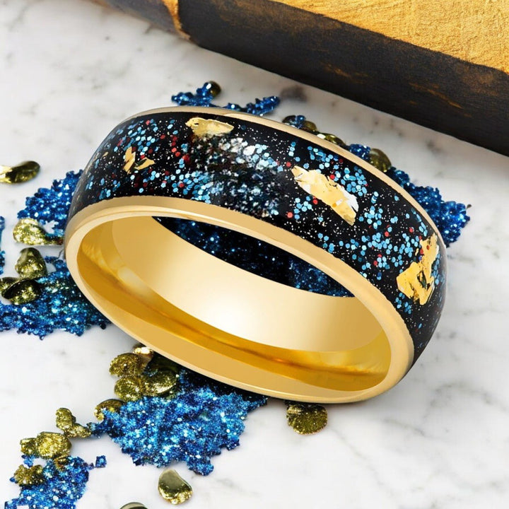 Gold Tungsten Ring with Blue Green Glitter - Top View