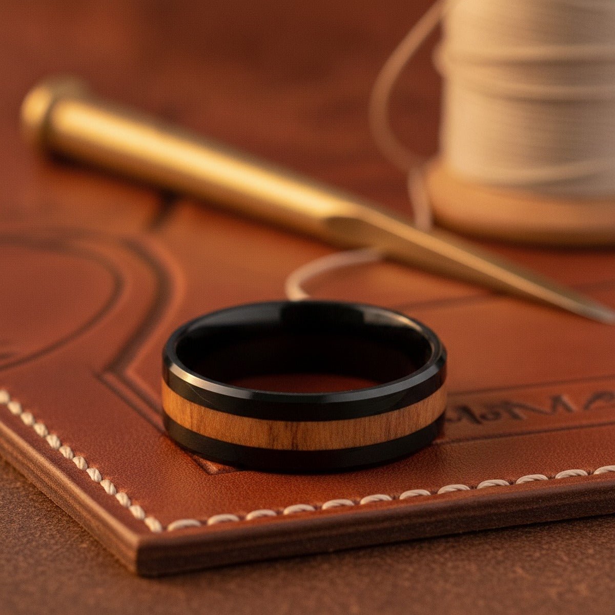 Aydins GOBLIN | Tungsten Zebrawood Inlay Ring lifestyle scene, leather atelier
