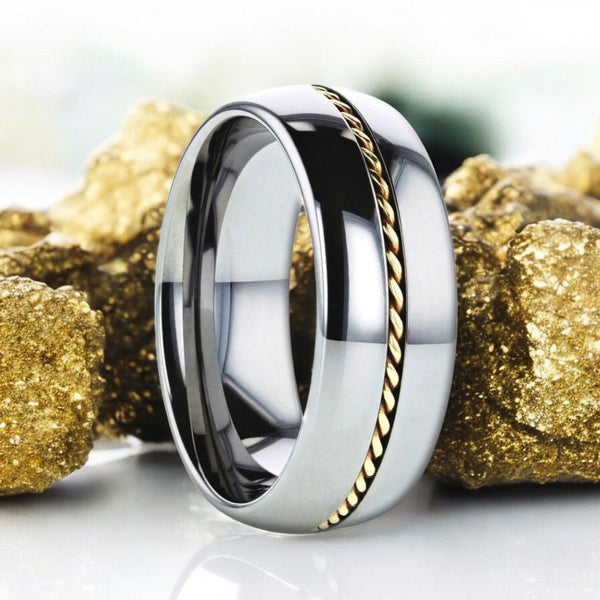 GOLDWYN Silver Tungsten Ring with Braided 14k Gold Inlay