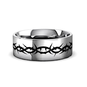 GOLGOTHA Silver tungsten Christian wedding ring — angle 1