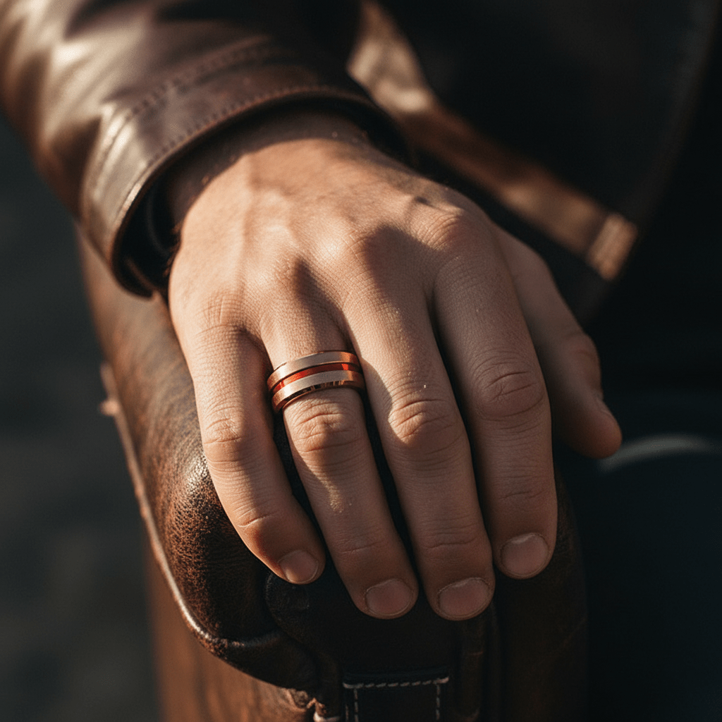 GOSTU — Lifestyle photo on hand — men's tungsten wedding ring.