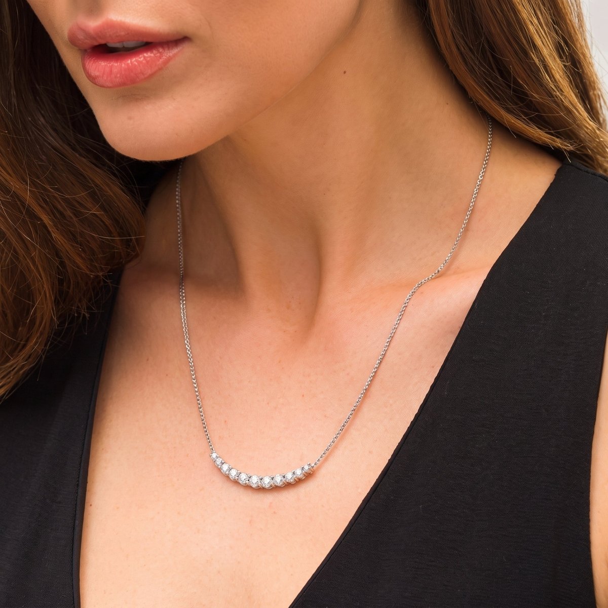 Graduated Diamond Necklace With Chain, 925 silver diamond necklace worn on neck lifestyle photo