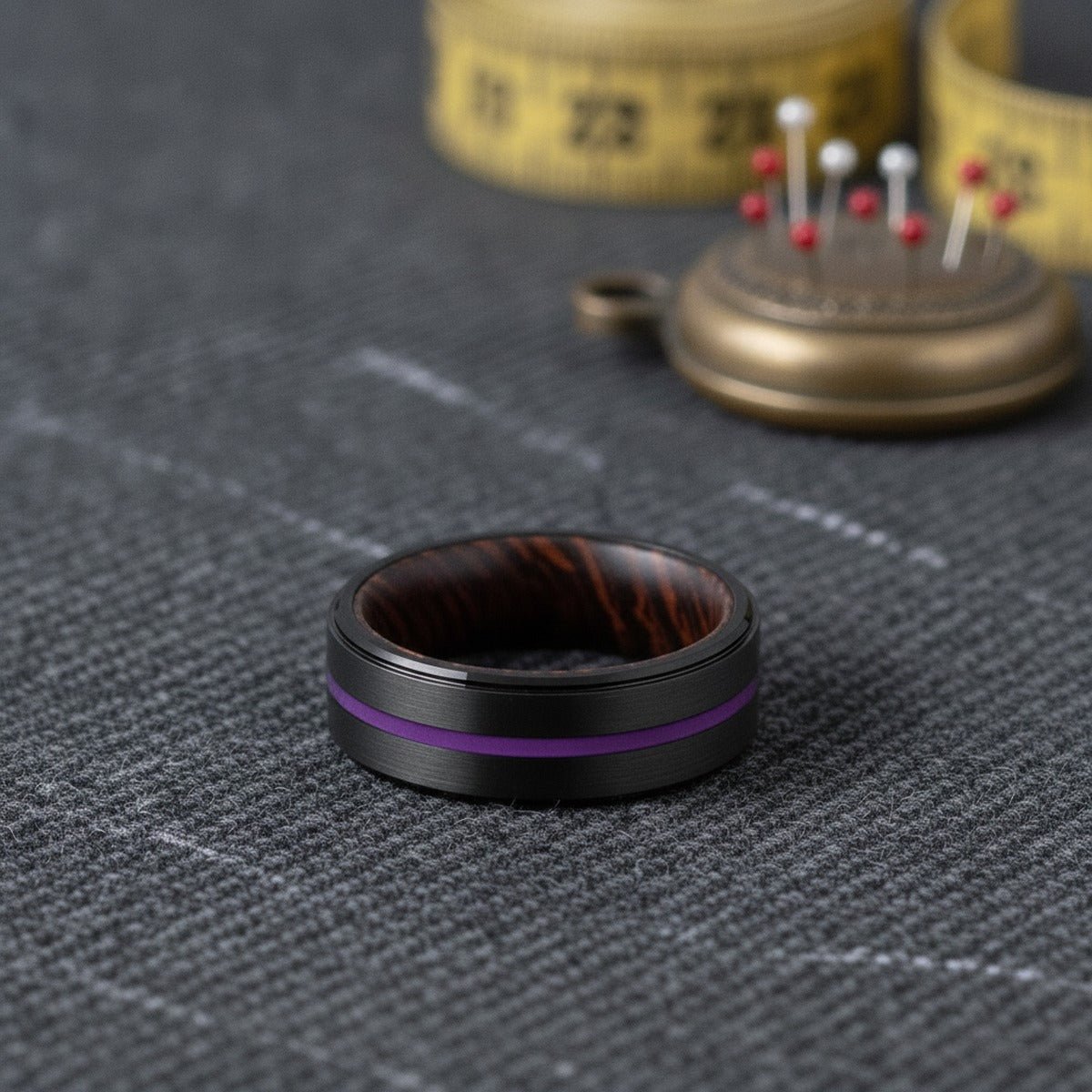 Aydins GRAFTON | Tungsten Wenge Wood Inlay Ring lifestyle scene, tailor shop