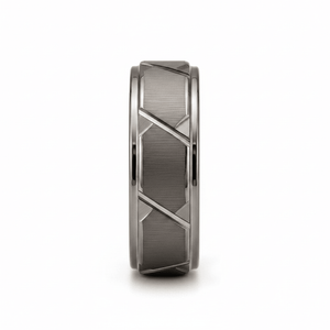 GRAPHIZOID — Front-facing straight-on view — men's tungsten wedding ring.