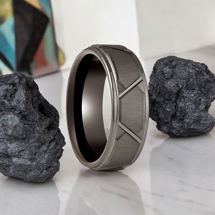 GRAPHIZOID Gun Metal Tungsten Ring with trapezoid design from Aydins Jewelry.