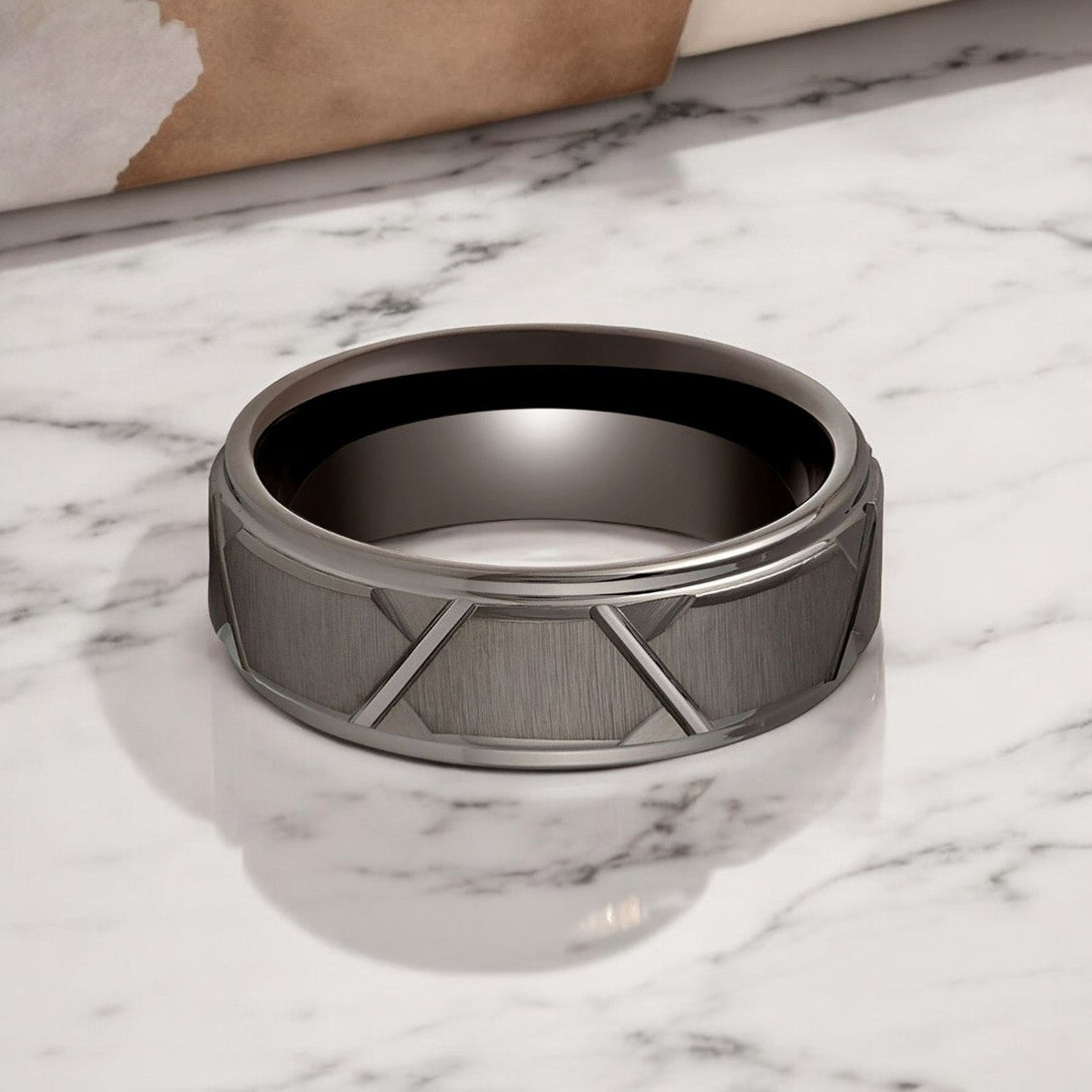 Close-up of the brushed gun metal trapezoid accents on the GRAPHIZOID tungsten ring.