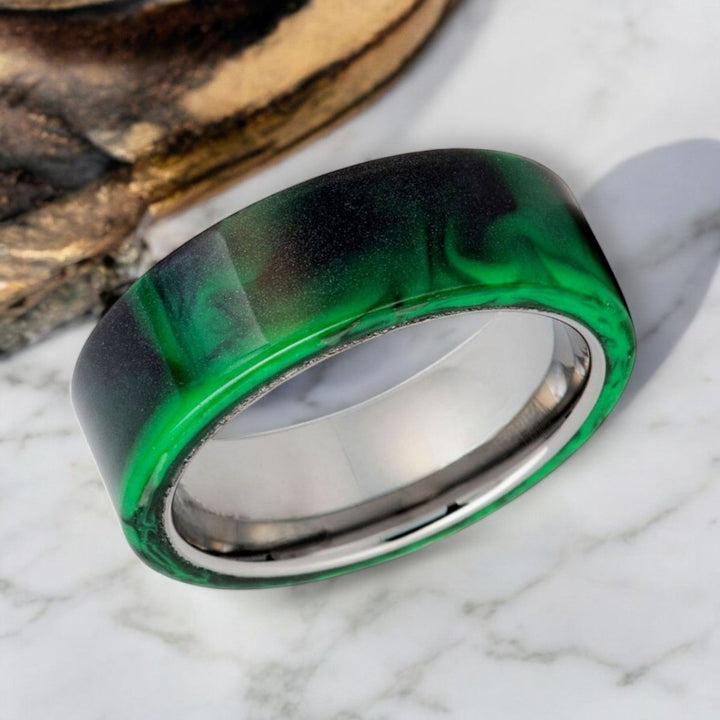 Side view of GREENFIRE Silver Tungsten Ring showcasing the vibrant resin inlay.