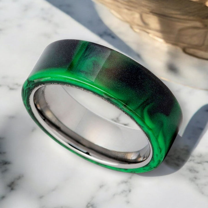 GREENFIRE Tungsten Ring - Modern wedding band with green resin by Aydins Jewelry.