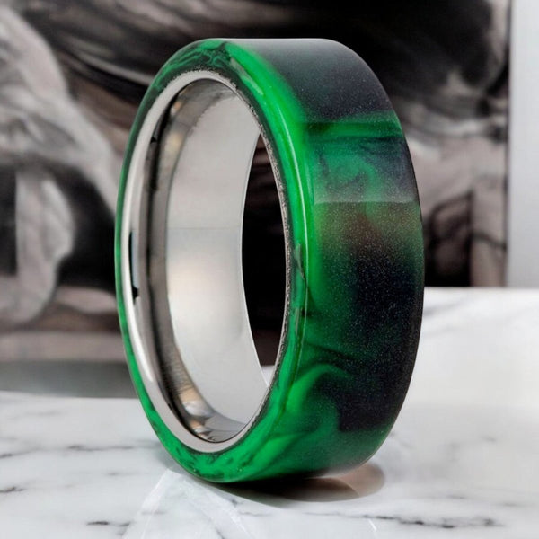 GREENFIRE Silver Tungsten Ring with black and green resin inlay by Aydins Jewelry.