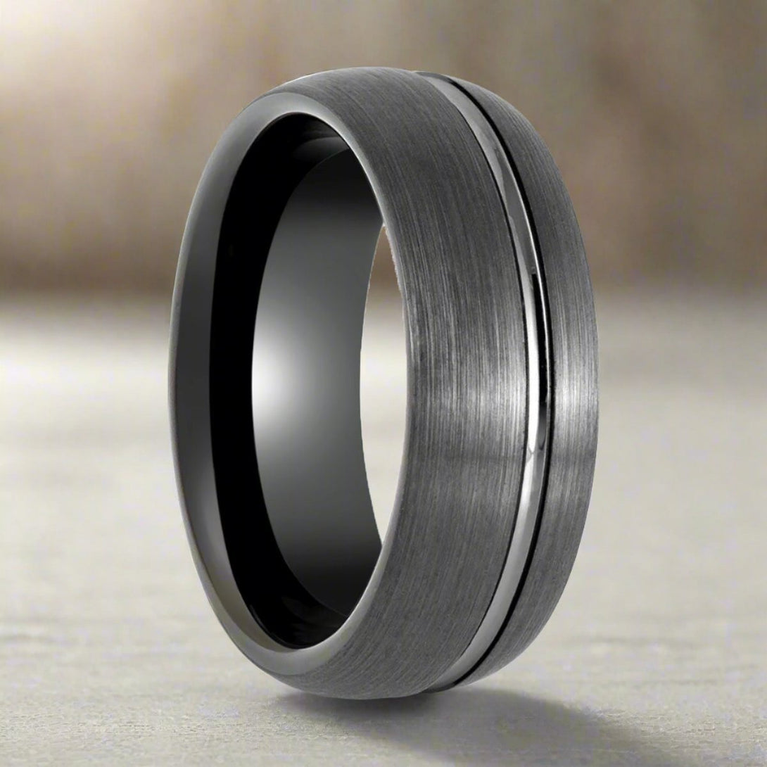 GRITEDGE | Black Tungsten Ring, Gun Metal with Domed Brushed Off - Center Groove - Rings - Aydins Jewelry - 3