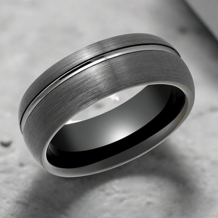 GRITEDGE | Black Tungsten Ring, Gun Metal with Domed Brushed Off - Center Groove - Rings - Aydins Jewelry - 4