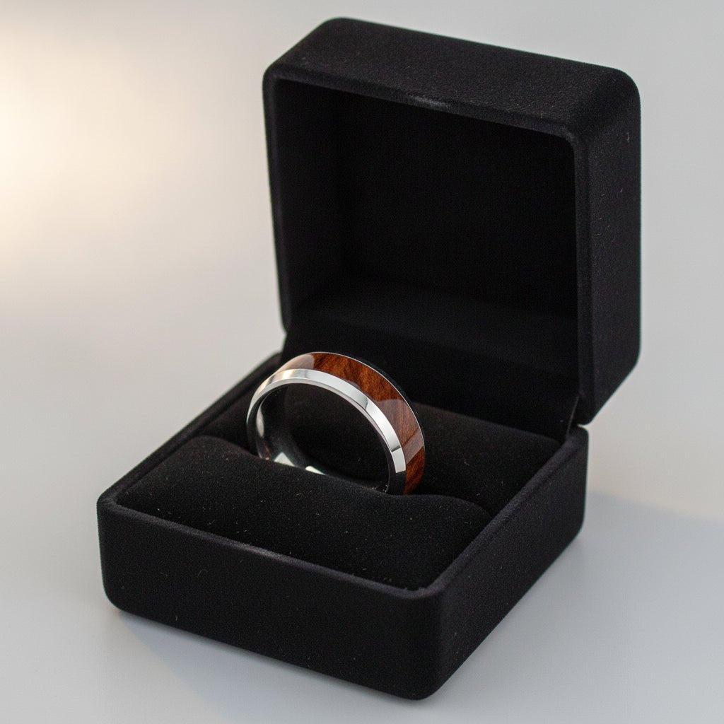 GROVE silver tungsten carbide wedding band with redwood inlay running around the band and polished edges nested in a black velvet ring box, editorial jewelry shot