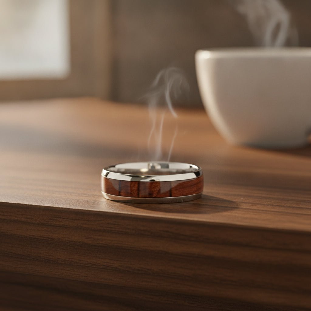 GROVE silver tungsten carbide wedding band with redwood inlay running around the band and polished edges resting on a walnut wood counter, lifestyle scene