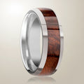 GROVE silver tungsten carbide wedding band with redwood inlay running around the band and polished edges, studio hero shot