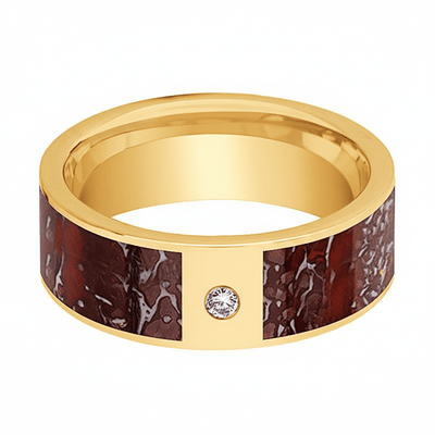 Dinosaur Bone inlay 14k yellow gold wedding band 8mm with diamond, side profile