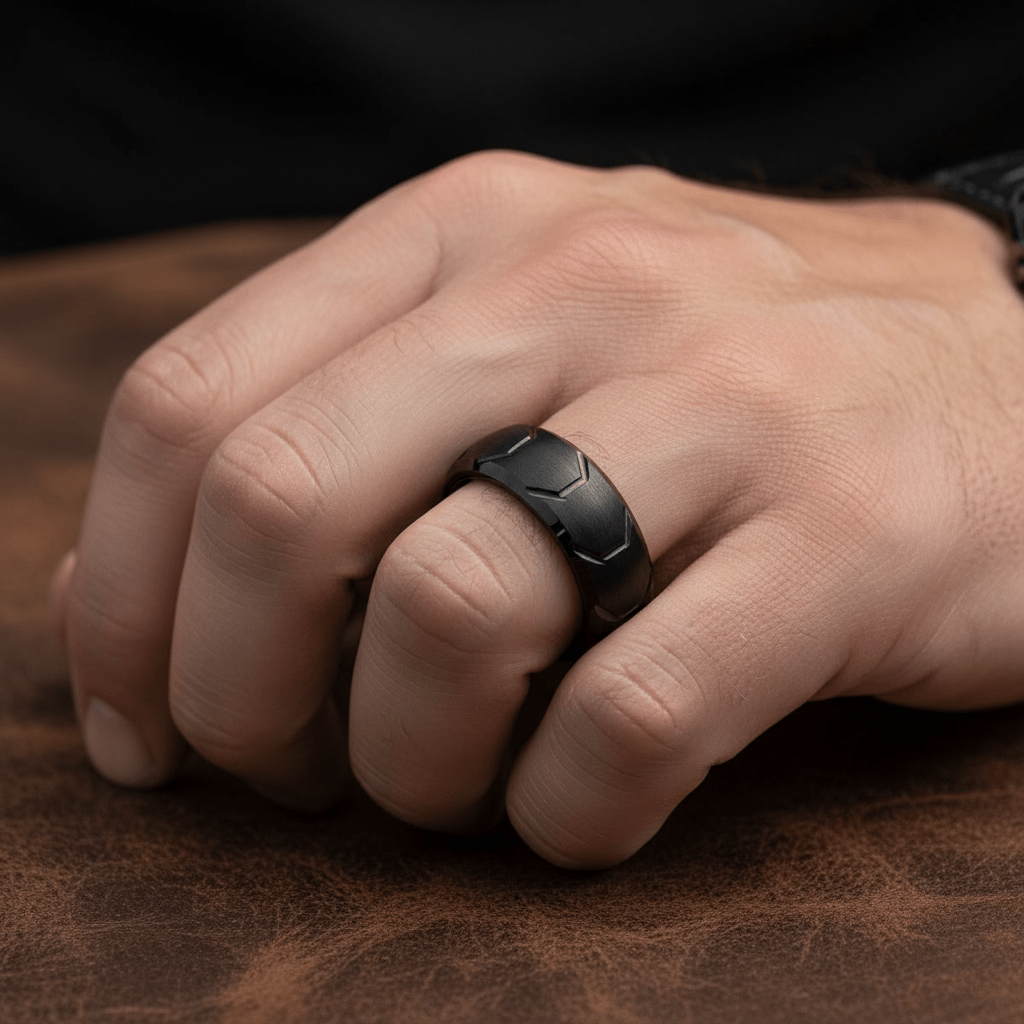 GRYPHON — Lifestyle photo on hand — men's tungsten wedding ring.