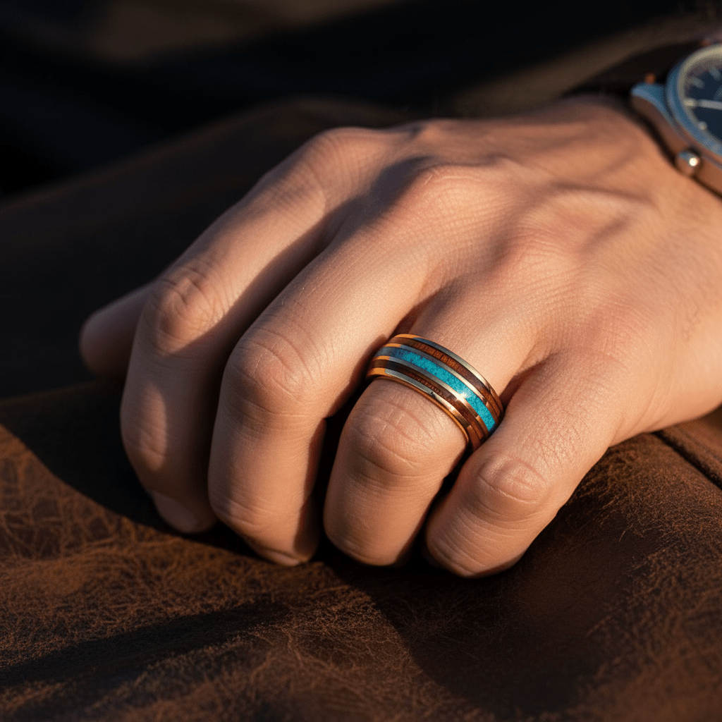 GUNNAR — Lifestyle photo on hand — men's tungsten wedding ring.