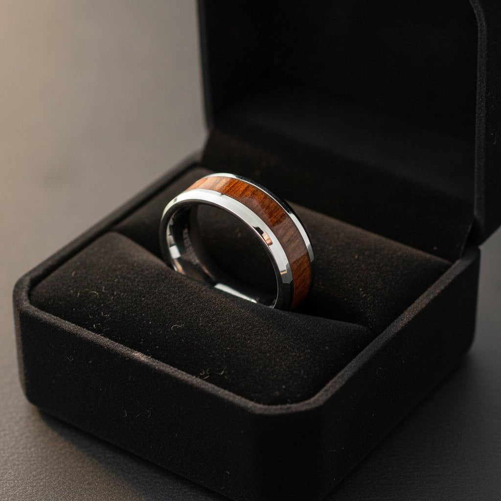 HALIFAX silver tungsten wedding band with black walnut wood inlay running around the band and polished beveled edges nested in a black velvet ring box, editorial jewelry shot