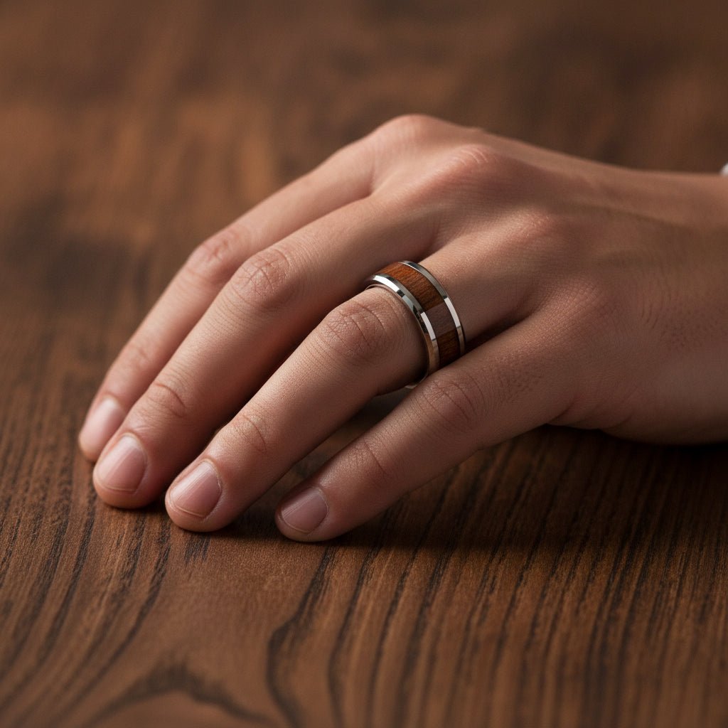 HALIFAX silver tungsten wedding band with black walnut wood inlay running around the band and polished beveled edges worn on man's hand resting on walnut wood, lifestyle photo