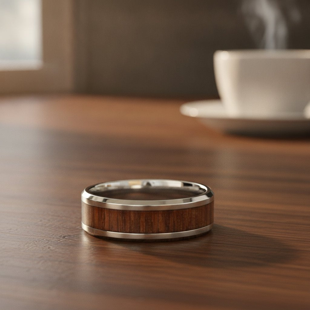 HALIFAX silver tungsten wedding band with black walnut wood inlay running around the band and polished beveled edges resting on a walnut wood counter, lifestyle scene