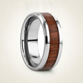 HALIFAX silver tungsten wedding band with black walnut wood inlay running around the band and polished beveled edges, studio hero shot