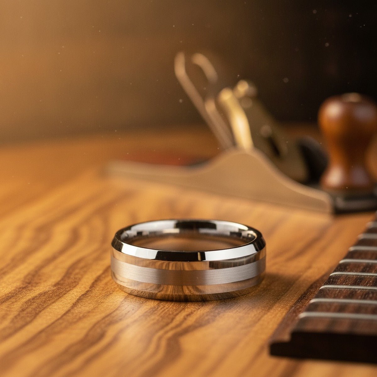 Aydins HALSTEN | Silver Tungsten Ring, Platinum Inlay, Beveled, 6mm or 8mm lifestyle scene, luthier shop