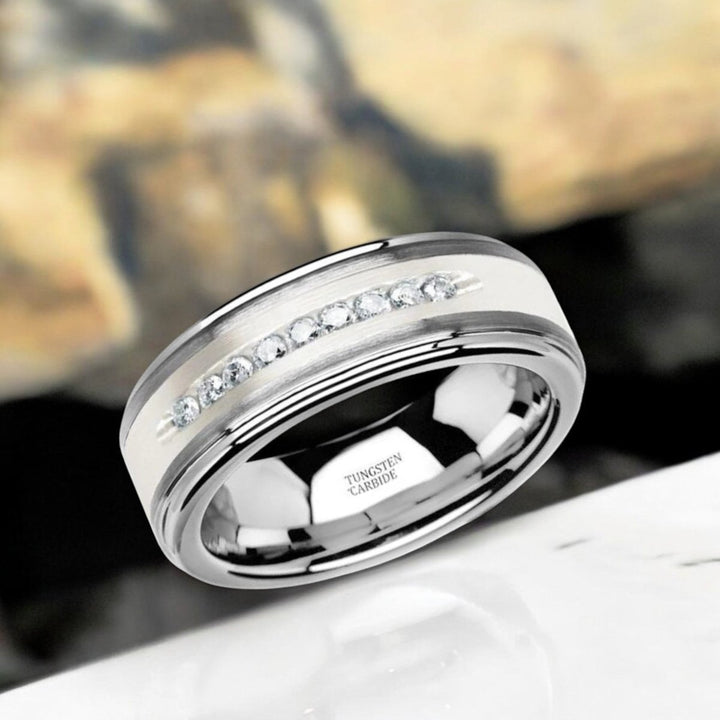 HARPER silver tungsten wedding band featuring brushed inlay and white diamond accents - Aydins Jewelry.