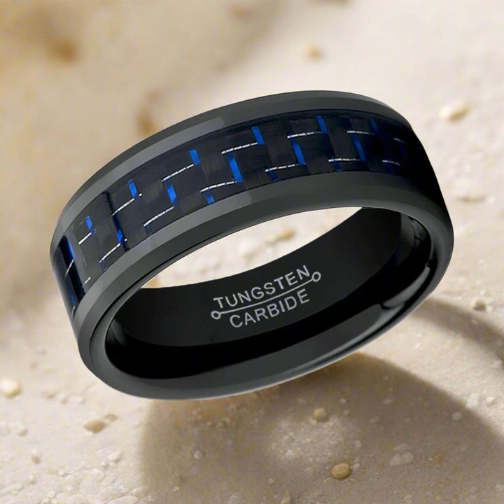 HAWTHORN Black Tungsten Ring with striking blue inlay - perfect wedding band.