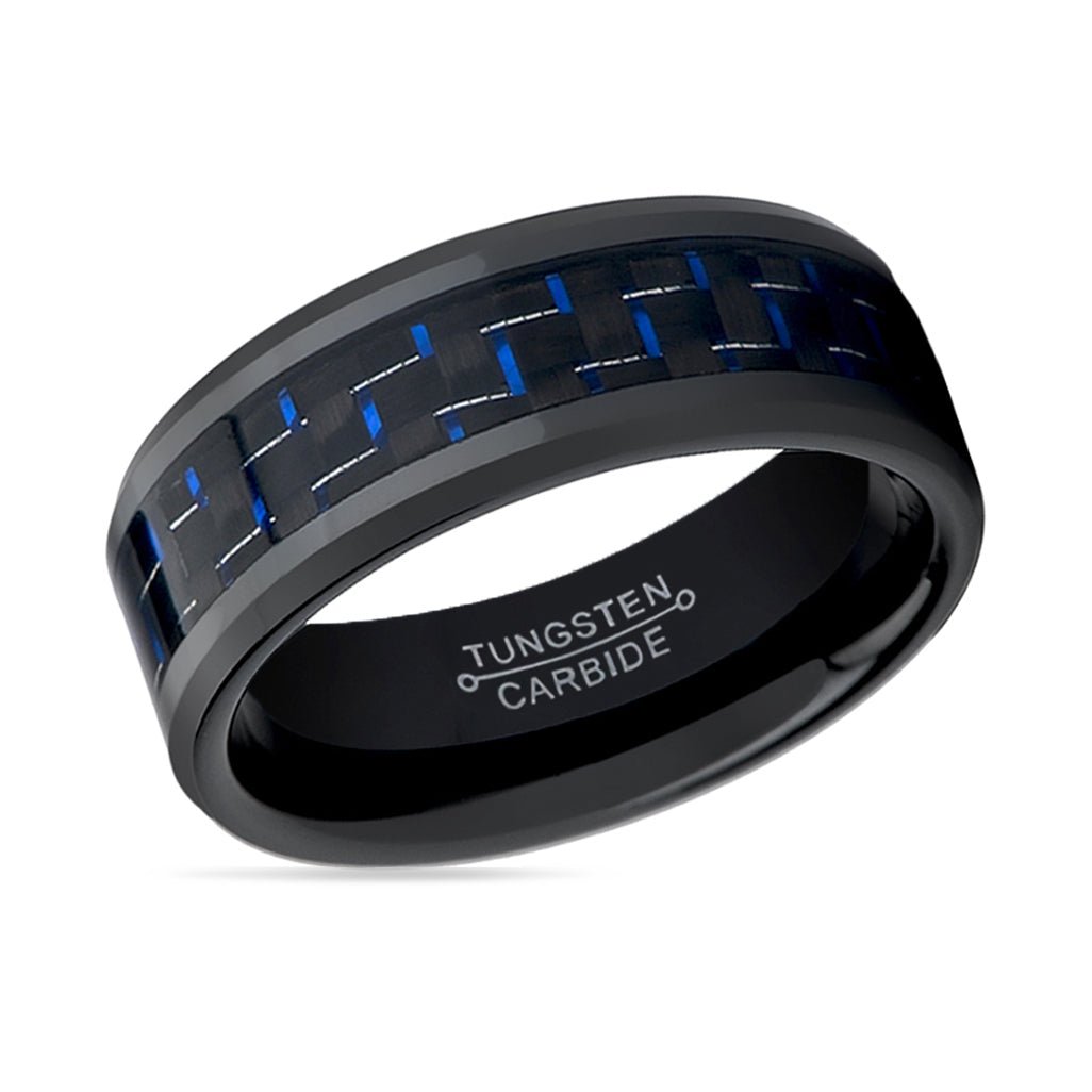 Side view of the HAWTHORN Tungsten Ring with blue carbon fiber inlay.